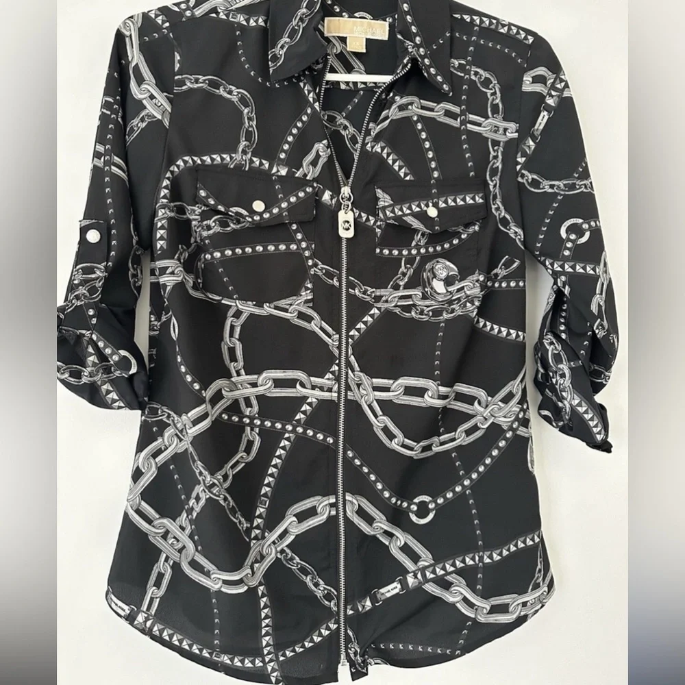 Michael Kors Black Zip-Front Jacket with Silver Chain Print